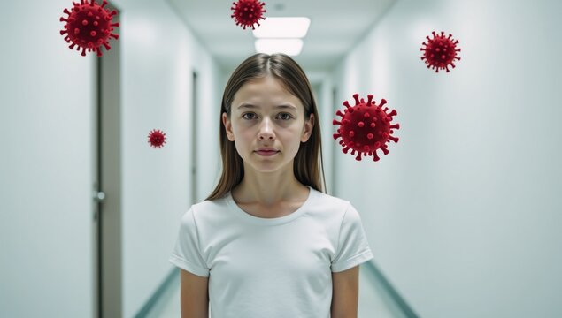 Girl in hall surrounded by red viral particles