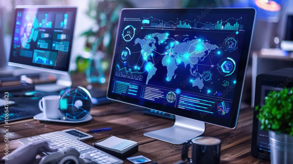 Aufkleber modern workspace featuring advanced technology, showcasing digital maps and data analytics on comput