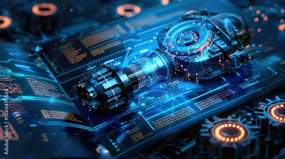 Poster futuristic technology design featuring sleek device on digital interface, showcasing intricate patte