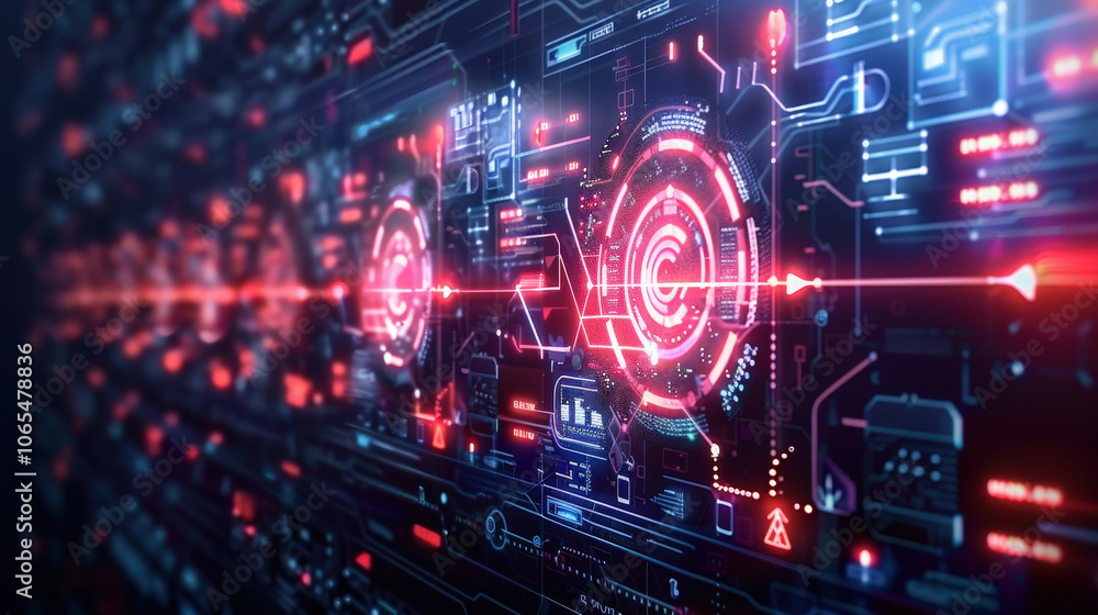 Poster futuristic digital interface with glowing red and blue elements, showcasing high tech graphics and i