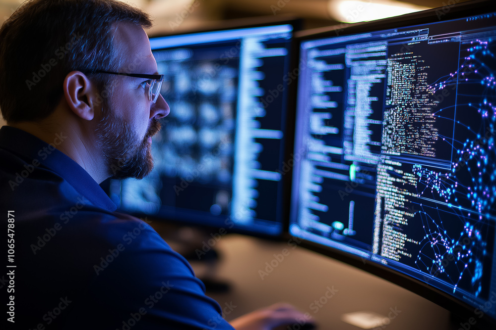 Poster a focused individual analyzes intricate data on several screens while coding in a modern office envi