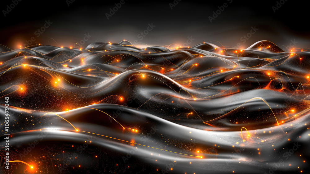 Poster dynamic waves of glowing particles create mesmerizing visual effect, showcasing blend of light and t