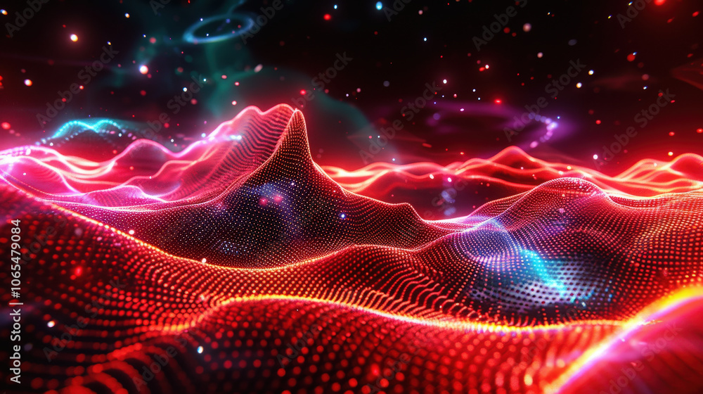 Poster vibrant waves of glowing particles create mesmerizing landscape, showcasing complex patterns and dyn