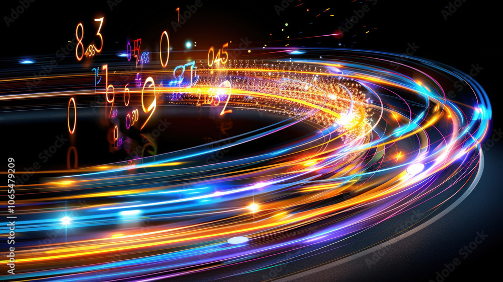 Poster vibrant light trails swirl around glowing numbers, creating dynamic and energetic atmosphere. this c