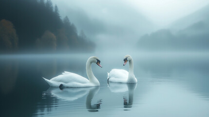 A couple white swan floats quietly in the lake, Generative AI