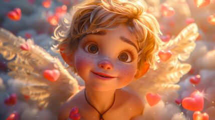 Fototapeta premium The 14th of February. A close-up of a cupid with expressive brown eyes. A cartoon angel with wings is surrounded by many floating pink hearts. valentine's day. The angel is smiling