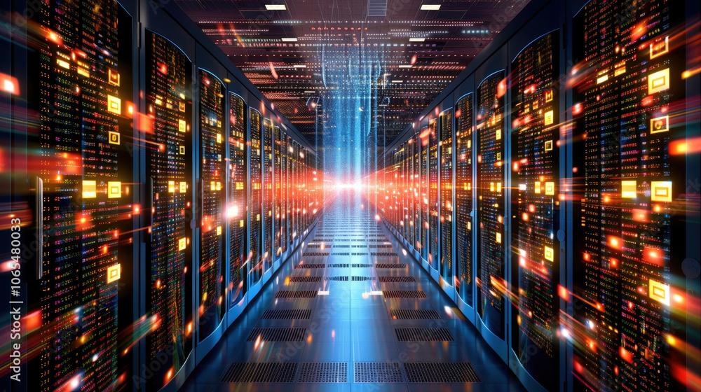 Poster futuristic data center with glowing servers and flowing data streams creates vibrant digital landsca