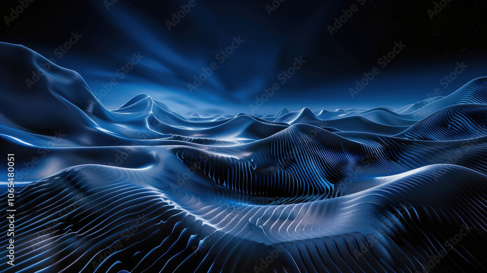 Poster mesmerizing landscape of flowing, curved data streams in shades of blue, creating digital terrain th