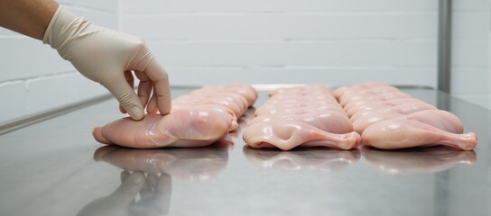 Fototapeta premium Raw chicken placed in sterile factory setting Processing Plant Scene