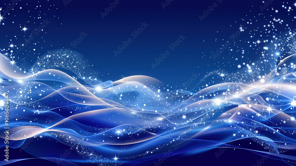 Poster mesmerizing wave of particles flows seamlessly across deep blue background, creating cyber themed at