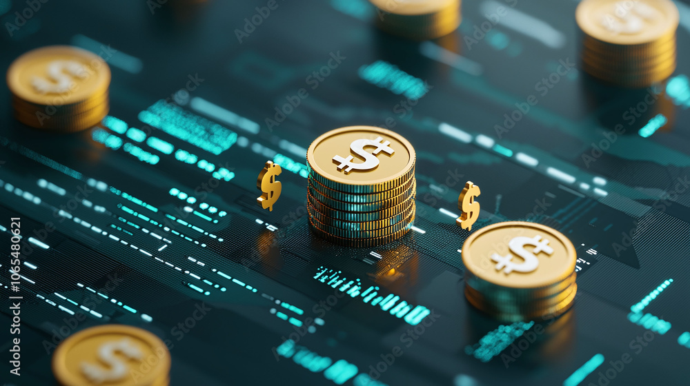 Poster digital financial goal tracker with stacked coins and data visuals
