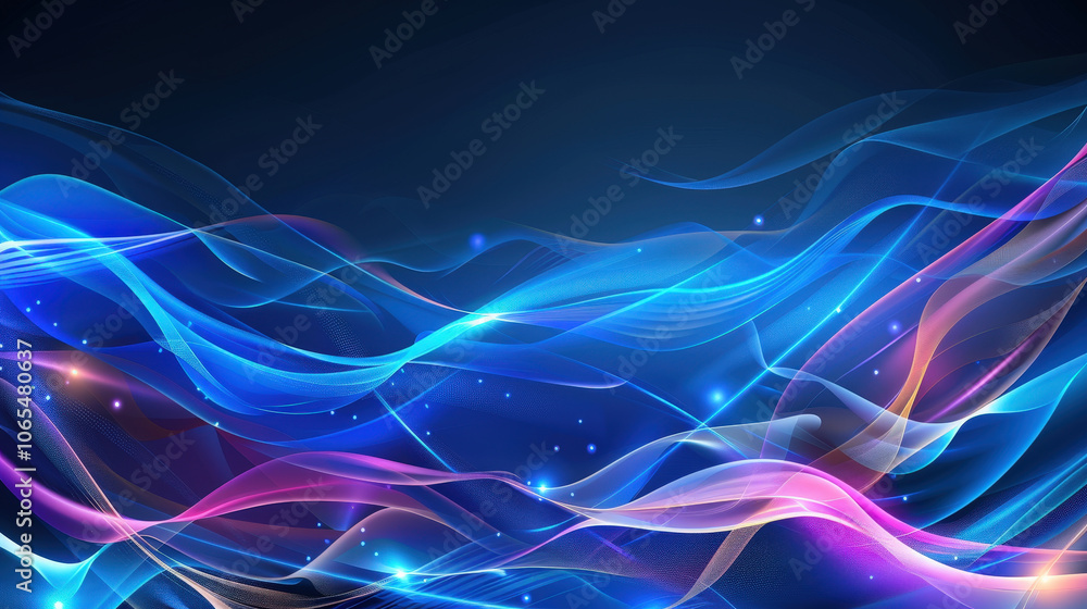 Poster dynamic blue background with flowing waves of light in vibrant colors, creating sense of movement an