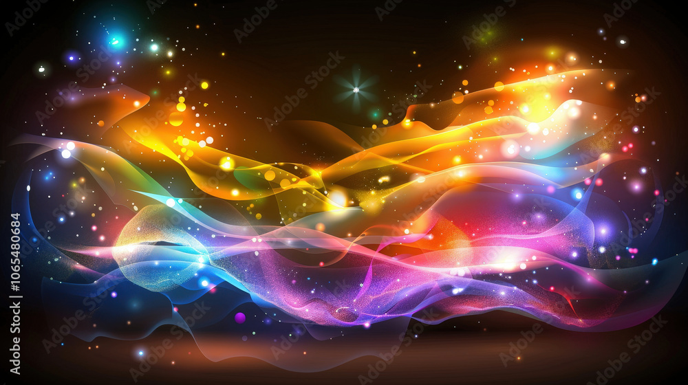 Poster Vibrant abstract background featuring colorful waves and glowing particles, creating dynamic and energetic atmosphere. Perfect for flyers and digital designs