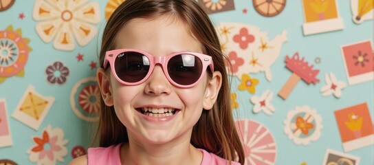 A cheerful collage artwork featuring a retro-styled girl donning sunglasses