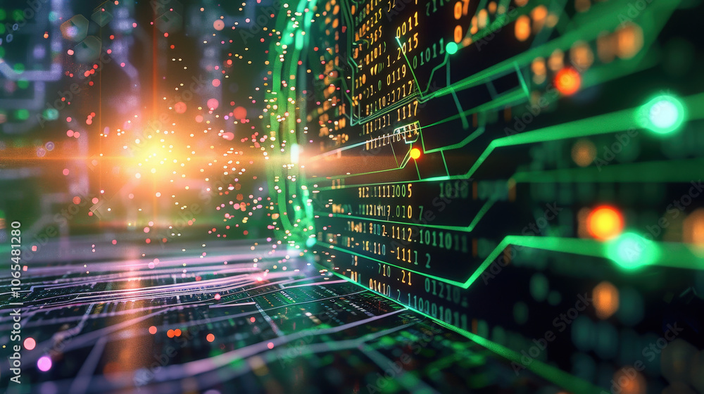 Aufkleber digital code background with floating binary data, glowing circuits, and vibrant colors creates futu