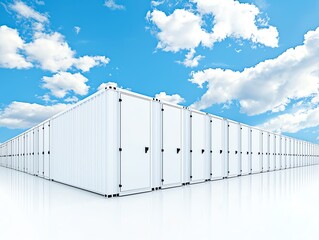 Fototapeta premium Towering storage units under blue sky, freshwater reserve