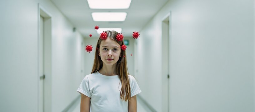 Girl in hall surrounded by red viral particles - Powered by Adobe