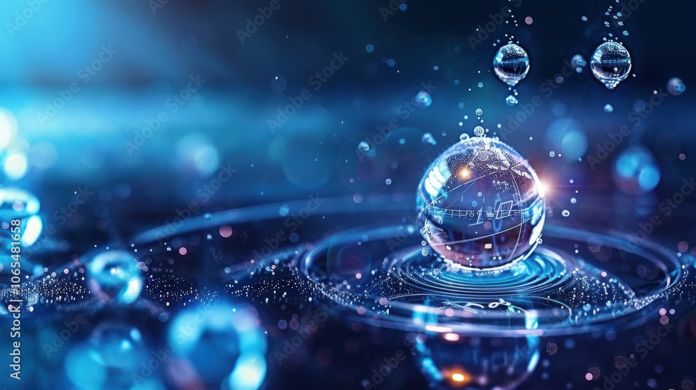 Poster mesmerizing scene of water droplets creating ripples in dark blue environment, with crystal like sph