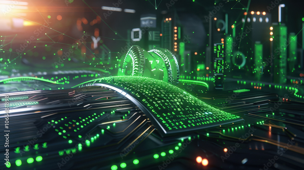 Poster digital wave of binary numbers with green glow, showcasing futuristic circuit board. vibrant colors 