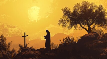 Fototapeta premium Silhouette of jesus in deep prayer in gethsemane before betrayal and crucifixion scene