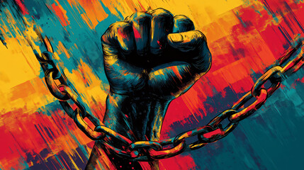 Illustration of a powerful black fist breaking chains representing freedom, justice, and resilience for Black History Month, symbolizing the spirit of Black Power and civil rights movement