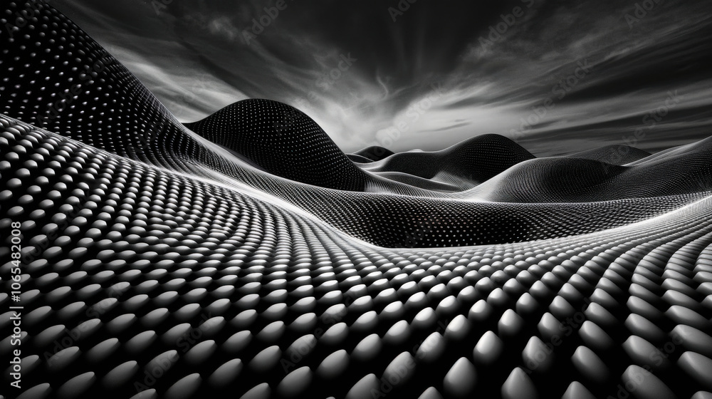 Poster abstract black and white landscape featuring smooth wave forms and dotted patterns, creating sense o