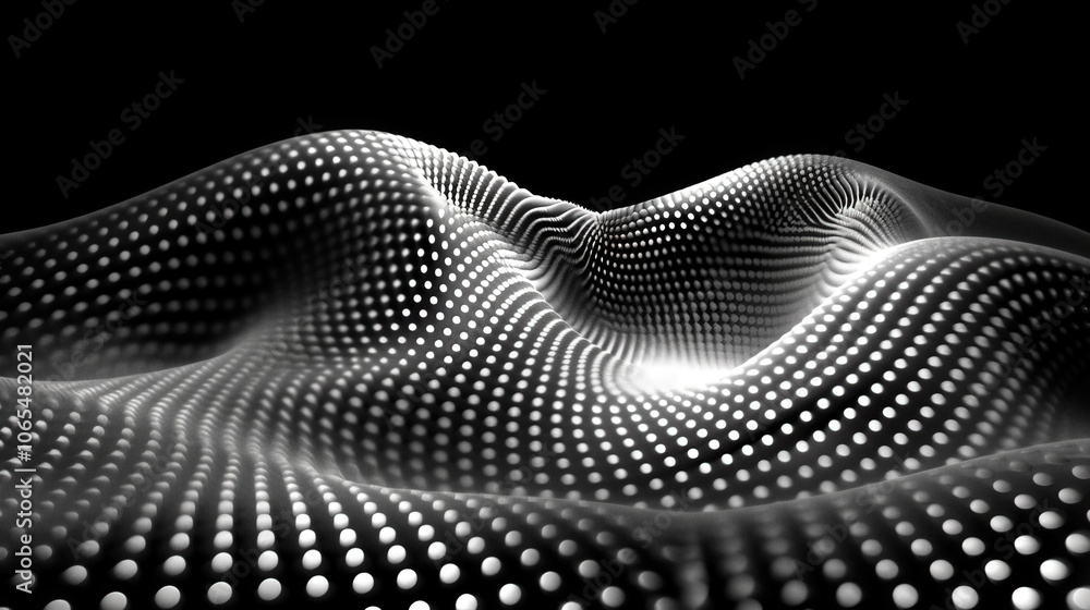 Poster shifting dots create wave like pattern over gradient background, evoking sense of movement and depth