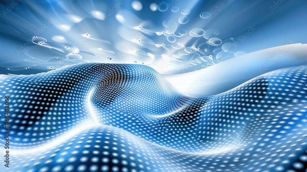 Poster shifting dots create wave like pattern over gradient background, evoking sense of movement and fluid