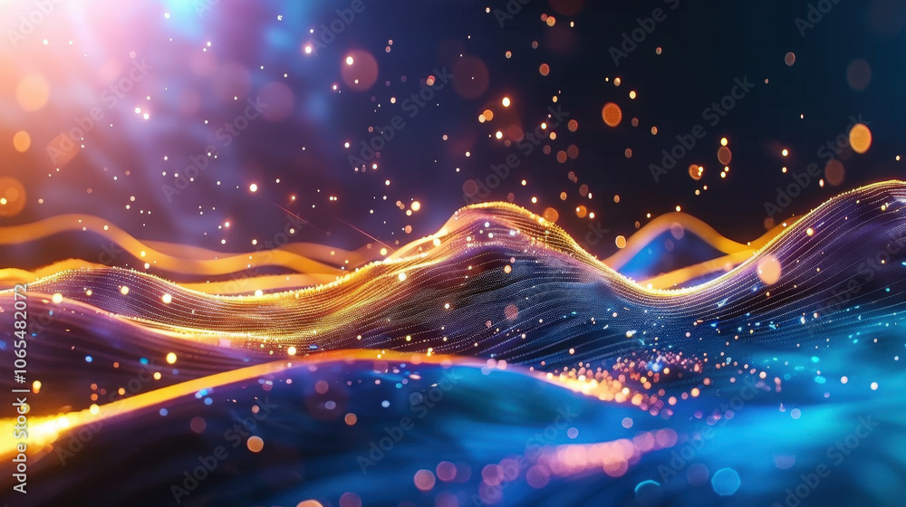 Poster shimmering waves of light create mesmerizing visual experience, with vibrant colors and sparkling do