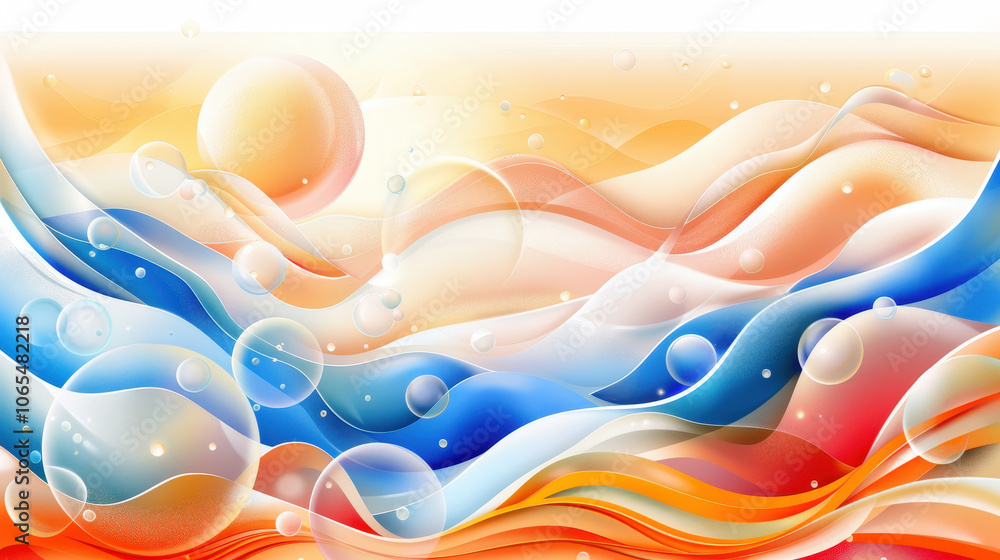Poster dynamic abstract design featuring flowing waves and bubbles in vibrant colors. composition evokes se