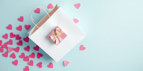 A white paper bag with a pink gift box inside on a light blue background surrounded by scattered pink hearts.