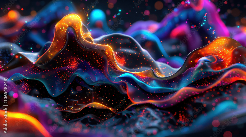 Poster dynamic wave of colorful dots creates mesmerizing particle flow, showcasing vibrant hues and intrica