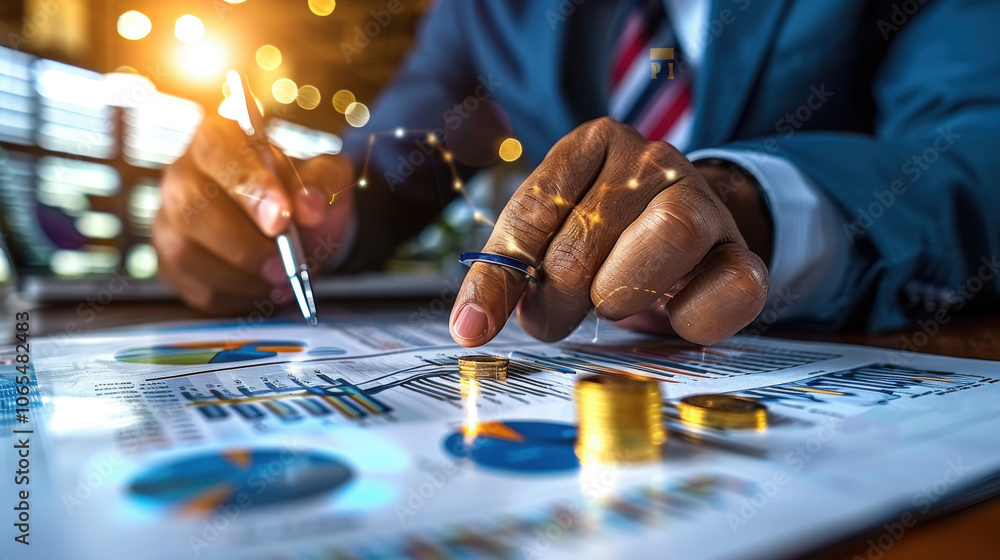 Poster analyzing financial data with charts and graphs, professional is focused on making informed decision