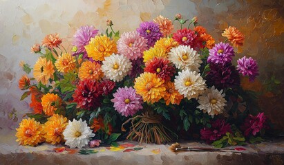 Fototapeta premium AI generator image of bouquet of delicate wild flowers,chrysanthemums ,daisies, bells, clover, fireweed, in a tall porcelain vase on a table covered with a lace tablecloth, all permeated with sunbeams