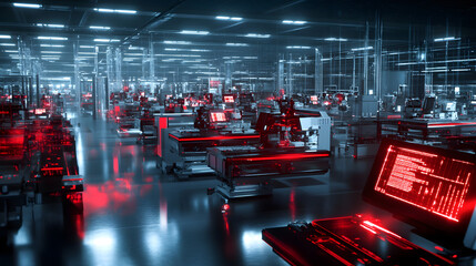 Futuristic warehouse with advanced barcode scanning technology and red lighting