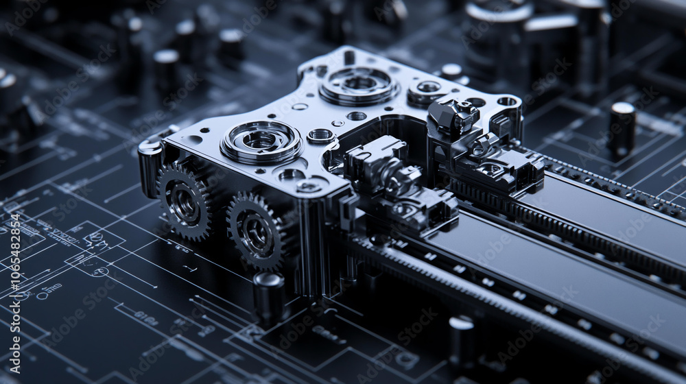 Poster detailed mechanical blueprint featuring robotic hinge with gears and components, showcasing intricat