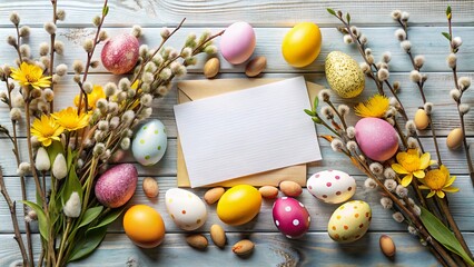 Obraz premium Bright Easter greeting card mockup surrounded by spring flowers and colorful eggs on a wooden table