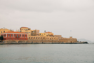 Obraz premium A view of the Cretan sea and Greek port of Chania on the island of Crete, greece - april 2 2024