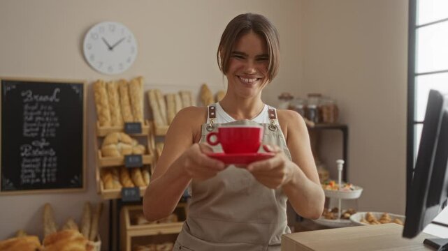 Woman standing indoors in a bakery shop with shelves full of bread and pastries, holding a red cup, smiling and wearing a beige apron.
