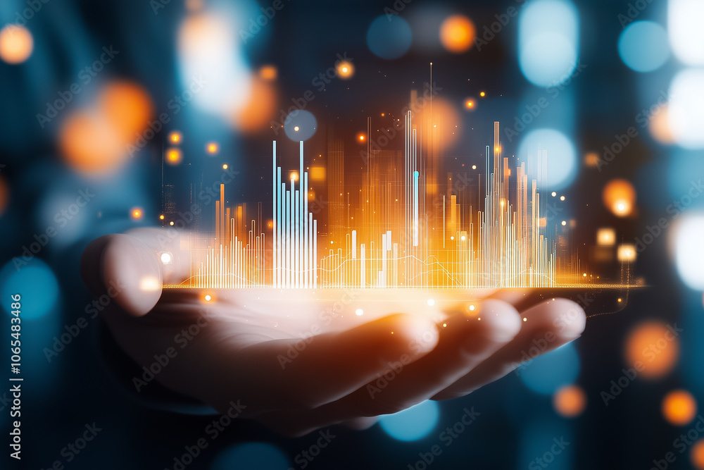 Poster a hand holds a vibrant display of colorful data visualization elements, surrounded by a soft focus o