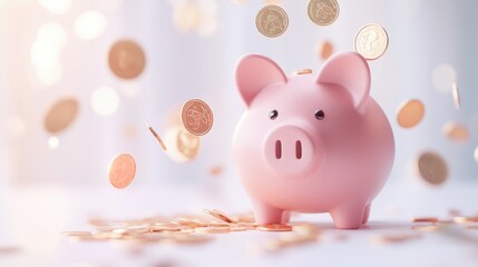 Pink Piggy Bank with Coins Falling Around It