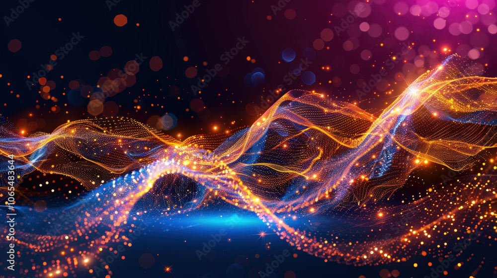 Poster vibrant flowing data streams create mesmerizing visual effect against deep blue background, evoking 
