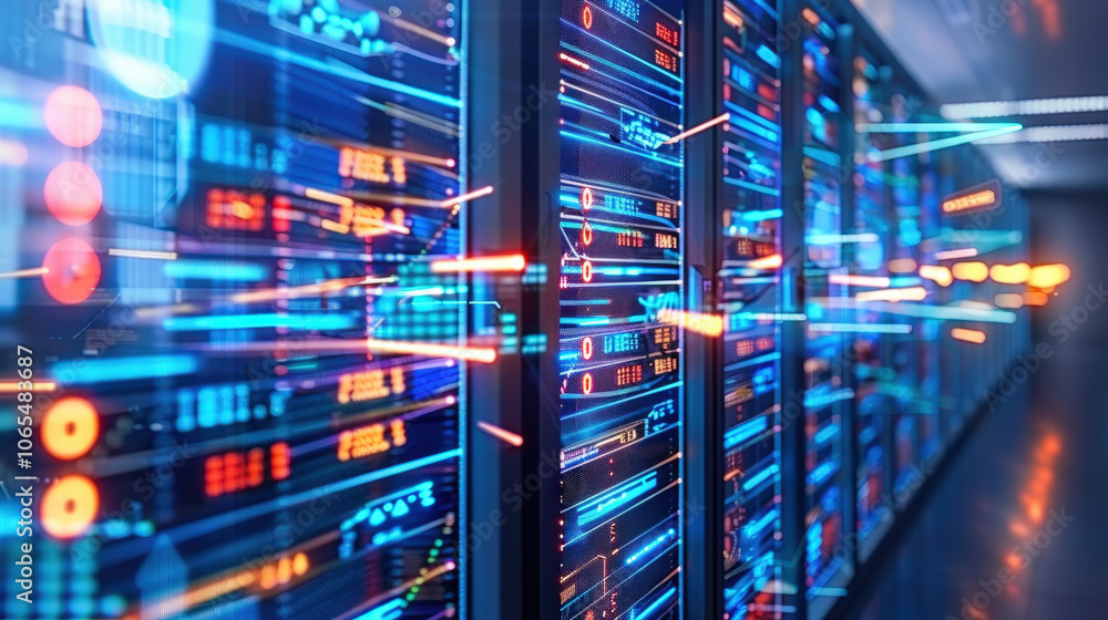 Poster high tech data servers with glowing lights and digital displays create vibrant atmosphere in modern 
