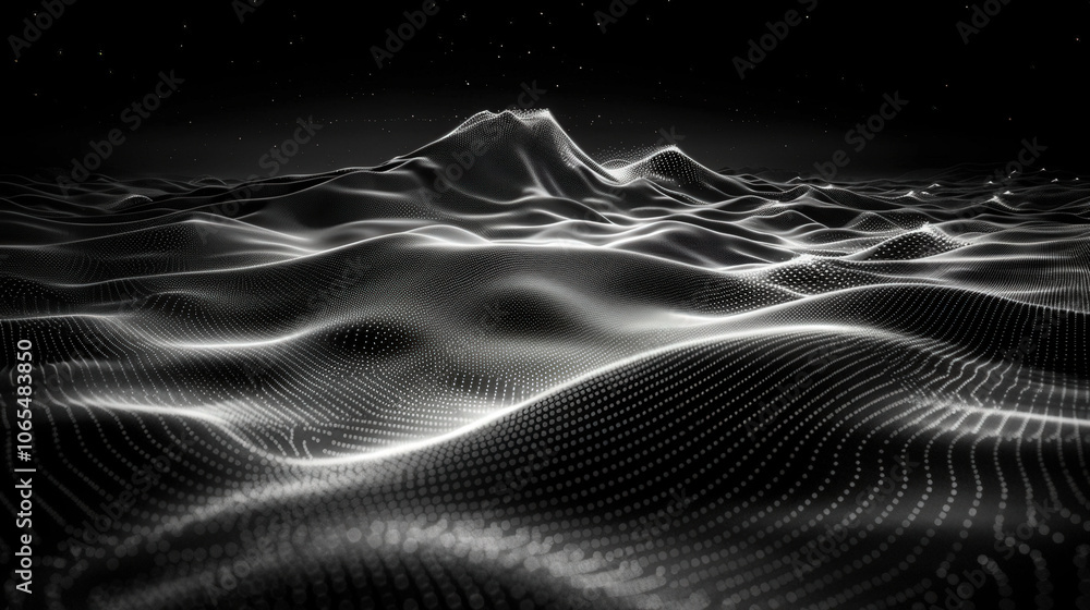 Poster mesmerizing landscape of flowing waves created by small dots, moving in harmonious patterns against 