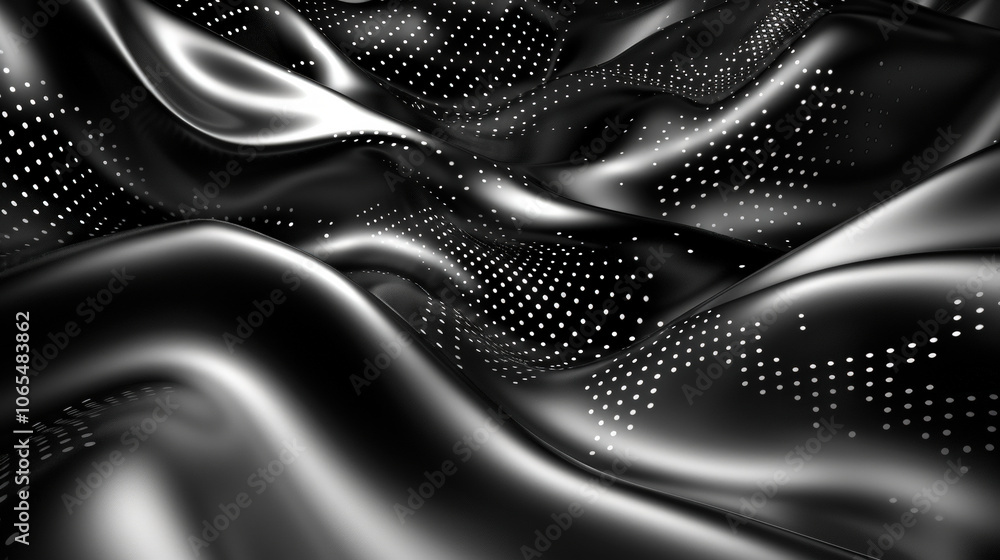 Poster flowing wave of small dots moving in harmonious patterns across sleek black surface, creating mesmer