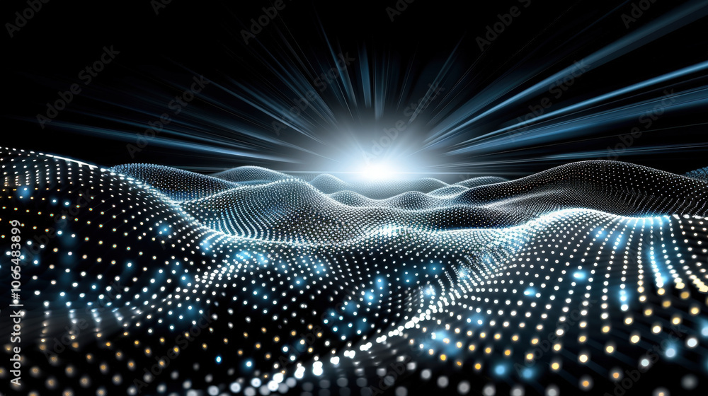 Poster mesmerizing wave of small dots creates harmonious flow, illuminated by radiant light. this digital l