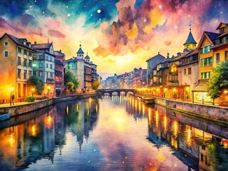 Obraz premium Vintage Cityscape Wallpaper - Riverfront Watercolor Painting
