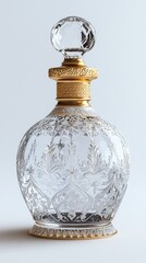 A luxurious perfume bottle with a golden cap and etched glass design, displayed on a white