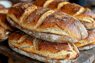 Fototapeta premium Freshly baked artisanal bread loaves displayed on a wooden shelf