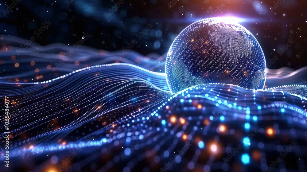 Poster digital representation of globe surrounded by flowing waves of light, creating futuristic and vibran